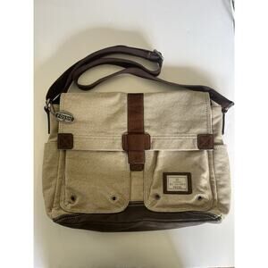 Y2K Fossil Woven Canvas Messenger Laptop Bag Crossbody Tan Travel Leather